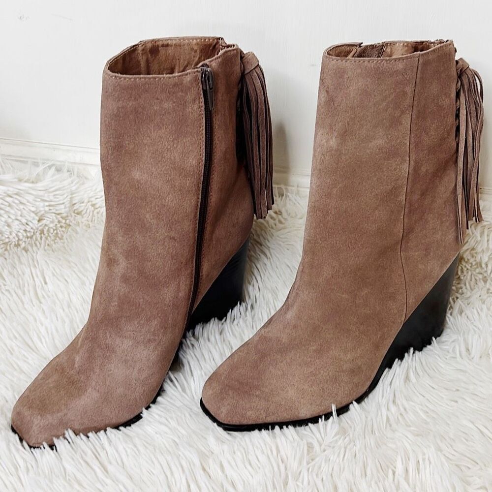 Jeffrey Campbell Suede Tassel Wedge Ankle Boot SZ 9.5 Brown